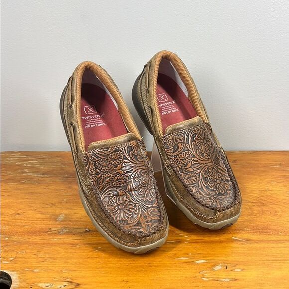 Twisted X Brown Loafers with Woven Leather Design - Picture 1 of 7